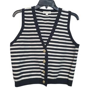 J.Crew Emilie Ribbed V-Neck Sweater Vest Black Stripe Gold Buttons Large GUC